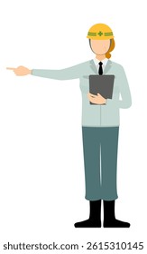 Simple illustration of a senior woman supervisor wearing a helmet take the clipboard and point into the distance