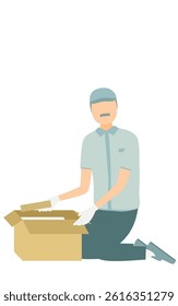 Simple illustration of a senior worker man wearing a hat putting a package in a cardboard box, Vector Illustration