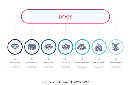 simple illustration set of 7 vector blue icons such as keeshond dog, komondor dog, labradoodle dog, maltese maltipoo mastiff infographic design with 7 icons pack