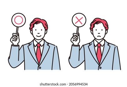 A simple illustration set of a businessman holding up a correct or incorrect answer tag.It is vector data that is easy to edit.