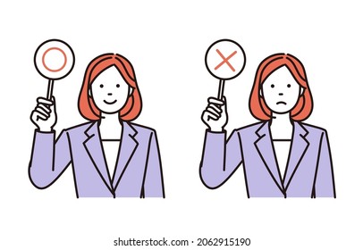A simple illustration set of a businesswoman holding up a correct or incorrect answer tag.It is vector data that is easy to edit.
