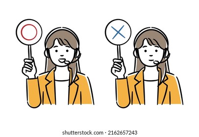 A Simple Illustration Set Of A Call Center Woman With Correct And Incorrect Tags.Vector Data That Is Easy To Edit.