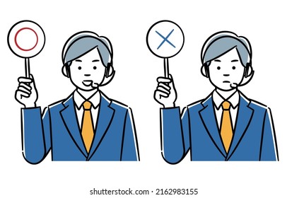 A Simple Illustration Set Of A Call Center Man With Correct And Incorrect Tags.Vector Data That Is Easy To Edit.