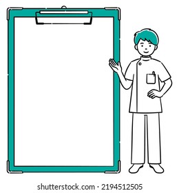 Conjunto de ilustraciones sencillas del portapapeles y del joven trabajador médico