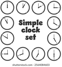 A simple illustration set of a clock showing each of the 12 hours