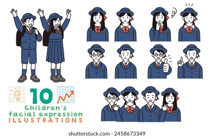 Conjunto de ilustración simple de estudiantes de escuela primaria que usan uniformes