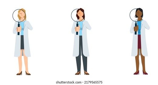 simple conjunto de ilustraciones de doctoras de varias razas en abrigos de laboratorio. Imagen de una gran lupa, posar con lupa, investigación, investigación.