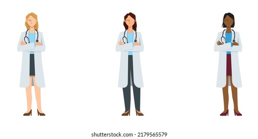 simple illustration set of female doctors of various races in lab coats. Arms folded pose.