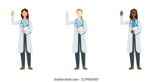 simple illustration set of female doctors of various races in lab coats. A pose to greet with a file.