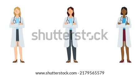 simple illustration set of female doctors of various races in lab coats. Arms folded pose.