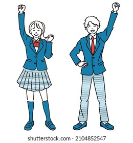 It is a simple illustration set of female students and male students who are happy to push their fists up.Vector data that is easy to edit.