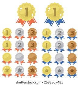 A simple illustration set of gold, silver, and bronze medals. Vector illustrations on a white background.