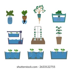 A simple illustration set of hydroponic system plantations, showcasing various setups like NFT, drip systems, and vertical farming, ideal for agricultural, educational, and eco friendly design