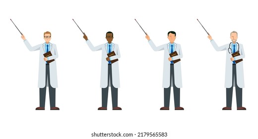 simple illustration set of male doctors of various races in lab coats. Pose with a pointer, class.