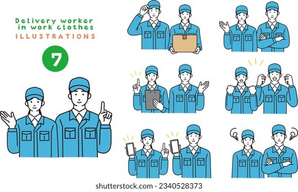 Simple illustration set of male and female delivery workers in work clothes