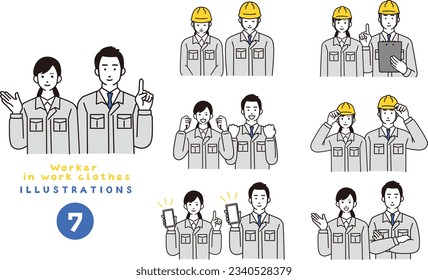 Simple illustration set of male and female workers wearing work clothesworker, female, man and woman, work clothes, illustration, construction, architecture, vector, helmet, bow, set, fist pump, perso