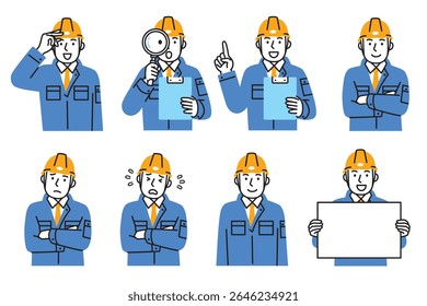 A simple illustration set of a male worker wearing work clothes and a helmet