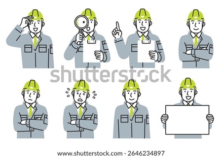 A simple illustration set of a male worker wearing work clothes and a helmet