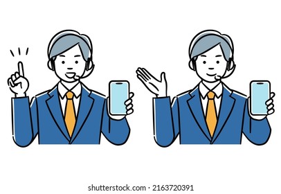 It is a simple illustration set of a man in a call center who explains with a smartphone.Vector data that is easy to edit.