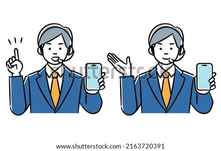 It is a simple illustration set of a man in a call center who explains with a smartphone.Vector data that is easy to edit.