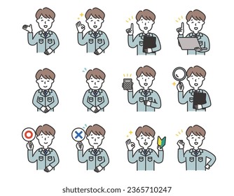 Simple illustration set of man in work clothes and necktie Upper body icon Pose variation