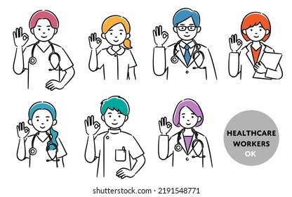 Simple illustration set of medical workers doing OK pose