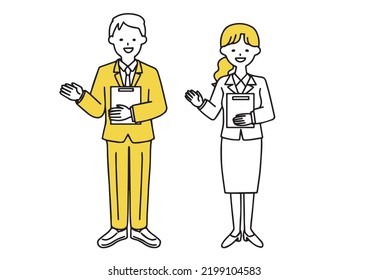  A simple illustration set of men and women in suits who hold materials in their hands and explain