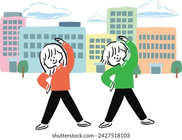 Simple simple illustration set of men and women doing radio exercises in the city
