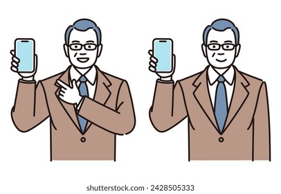 Simple illustration set of a middle-aged businessman explaining while showing his smartphone
