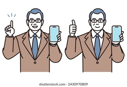Simple illustration set of a middle-aged businessman explaining or giving a good pose while showing his smartphone