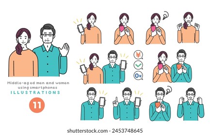 Simple illustration set of middle-aged and elderly men and women with smartphones