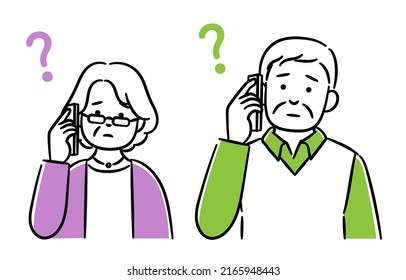 A simple illustration set of senior men and women talking on their smartphones.Vector data that is easy to edit.