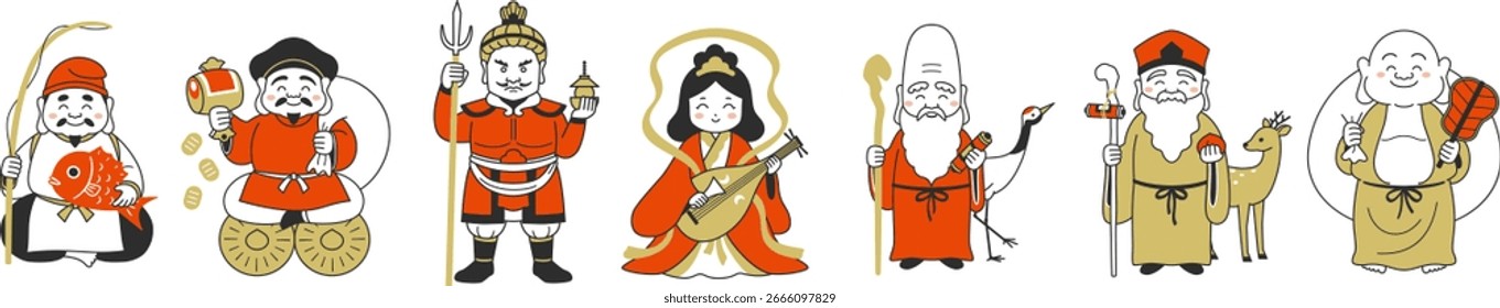 Simples conjunto de ilustrações dos Sete Deuses da Boa Fortuna