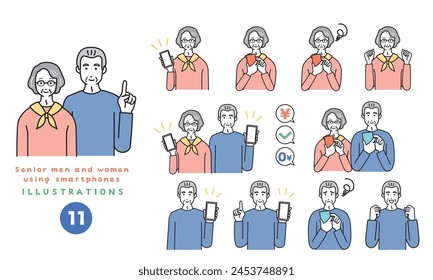 Simple illustration set of smartphones and elderly men and women