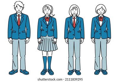 Simple illustration set of a student wearing various types of school uniforms, such as slacks and skirts, standing facing the front.