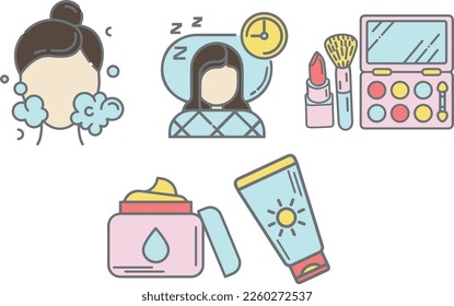 Juego de ilustraciones simples que contienen algunas mujeres rutina de belleza