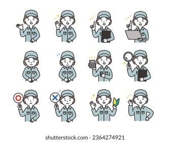 Simple illustration set of woman in work clothes with hat Upper body icon Pose variation