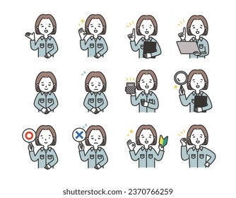 Simple illustration set of woman in work clothes Upper body icon Pose variation