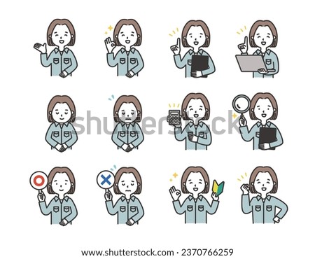 Simple illustration set of woman in work clothes Upper body icon Pose variation