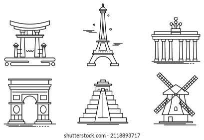 simple illustration of several countries' iconic buildings