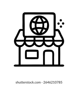 A simple illustration of a shopfront with a globe icon on its sign, representing global business.