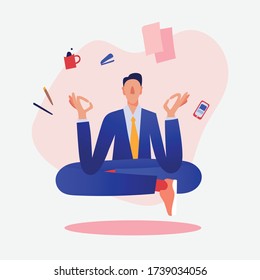 Simple illustration showing businessmen trying to find a balance and harmony at work. Poster about wellbeing and mindfulnes.