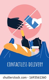 Simple illustration showing contactless grocery delivery whilst coronavirus outbreak and isolation time