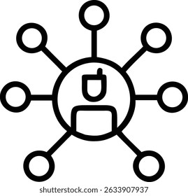 A simple illustration showing a person icon in a circle connected to other circles by lines, representing a network concept. 138c