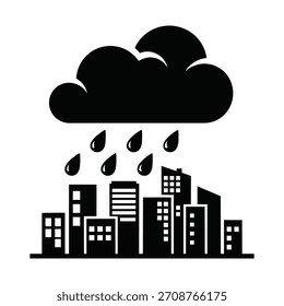 Simple illustration showing rain over a city area.