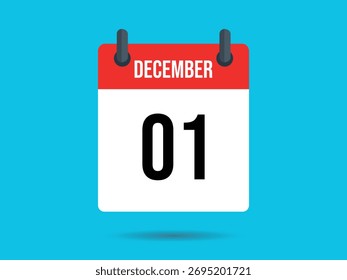 Simple illustration showing a red and white calendar with December at the top and the number 1 on the date on a bright blue backdrop.