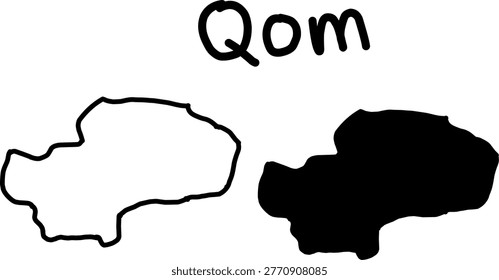 Simple illustration showing white outline and black filled shapes labeled Qom, abstract map-like forms with strong contrast and minimal design.