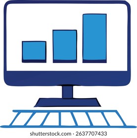 A simple illustration shows a computer monitor displaying an upward trending bar graph, suggesting growth or progress. It sits on a stylized keyboard.