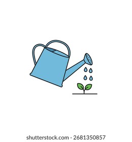 La ilustración simple muestra una regadera azul claro que nutre una plántula verde joven con gotas de agua