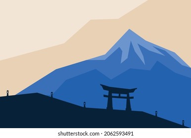 Una simple ilustración de la silueta puerta japonesa Torii bajo la montaña azul